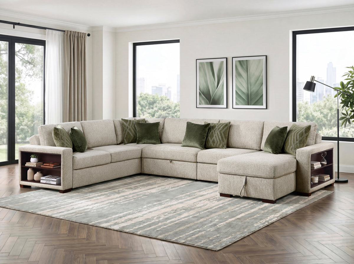 Isla Sage Sand 5-Piece Modular Sectional with Dual Pull-Out Beds and Armrest Storage by Homelegance at Eve Furniture