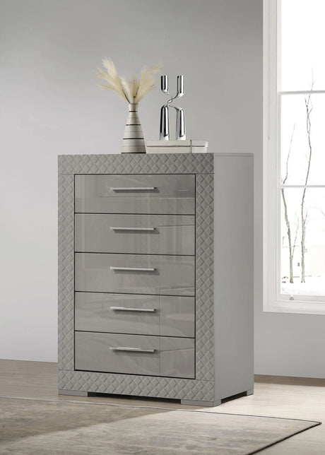 Ives 5-drawer Bedroom Chest of Drawers Grey High Gloss by Coaster at Eve Furniture