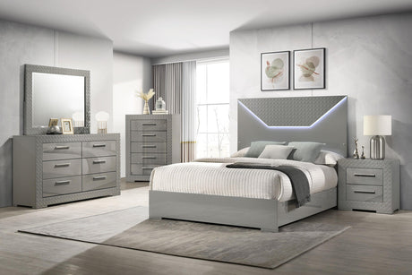 Ives Grey High Gloss Queen Panel Bed LED Headboard by Coaster at Eve Furniture