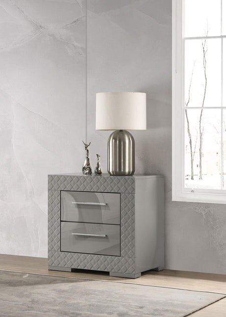 Ives Grey High Gloss 2-drawer Nightstand Bedside Table by Coaster at Eve Furniture