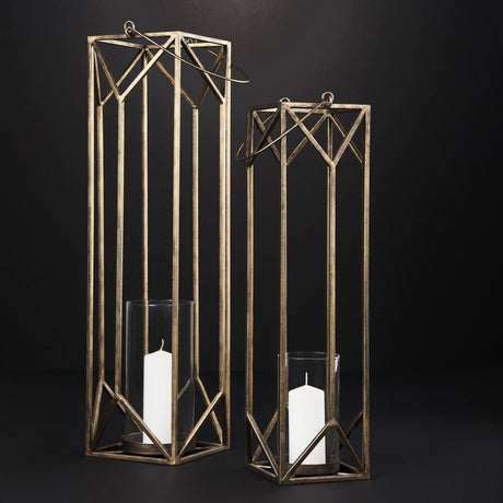 Ivy Small Gold Metal Geometric Cage Candle Holder Lantern by Mercana at Eve Furniture