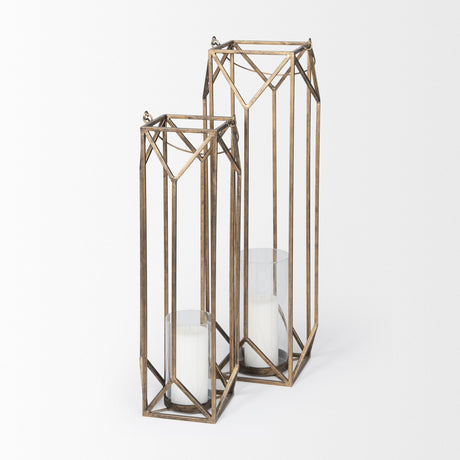 Ivy Small Gold Metal Geometric Cage Candle Holder Lantern by Mercana at Eve Furniture
