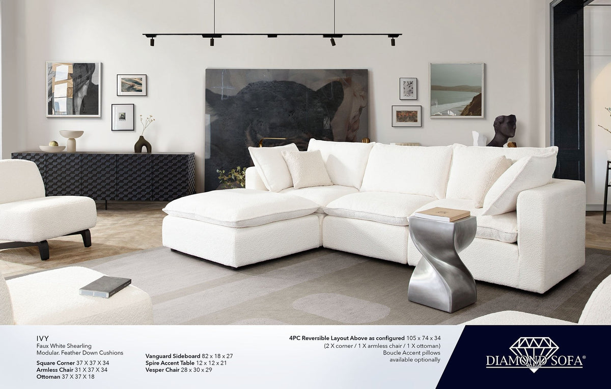 Ivy White Faux Shearling Reversible 4-Pc Sectional by Diamond Sofa at Eve Furniture