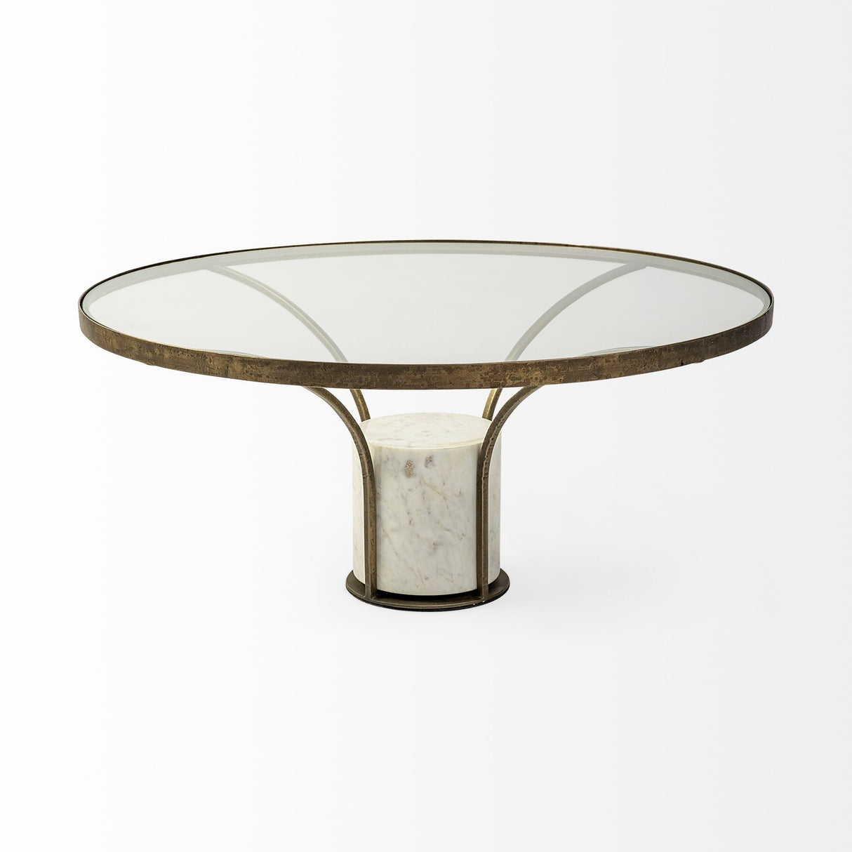 Jacinta 36" Round Glass Top Metal and Marble Pedestal Coffee Table by Mercana at Eve Furniture