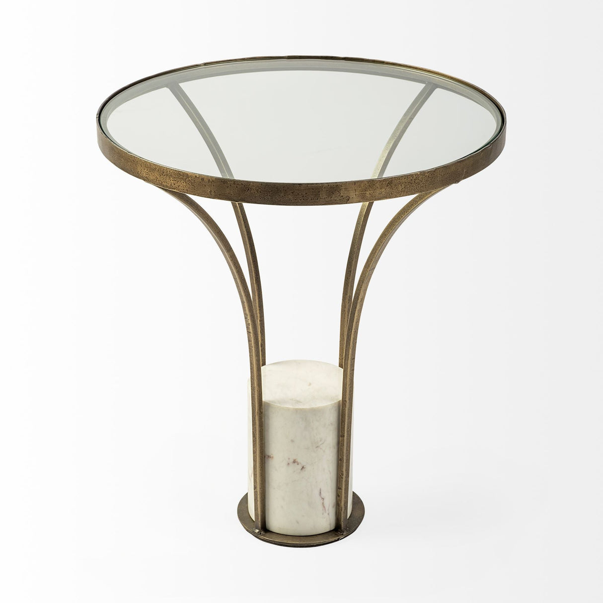 Jacinta II 21" Round Glass Top Metal and Marble Pedestal End/Side Table by Mercana at Eve Furniture