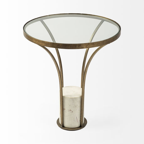 Jacinta II Round Glass Top Metal and Marble Pedestal End/Side Table by Mercana at Eve Furniture