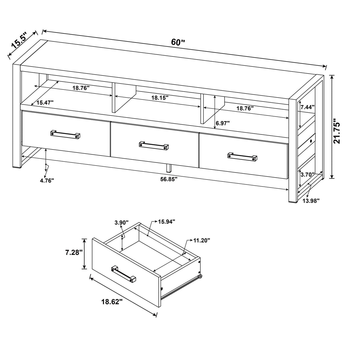 James 3-drawer Composite Wood 60" TV Stand Dark Pine