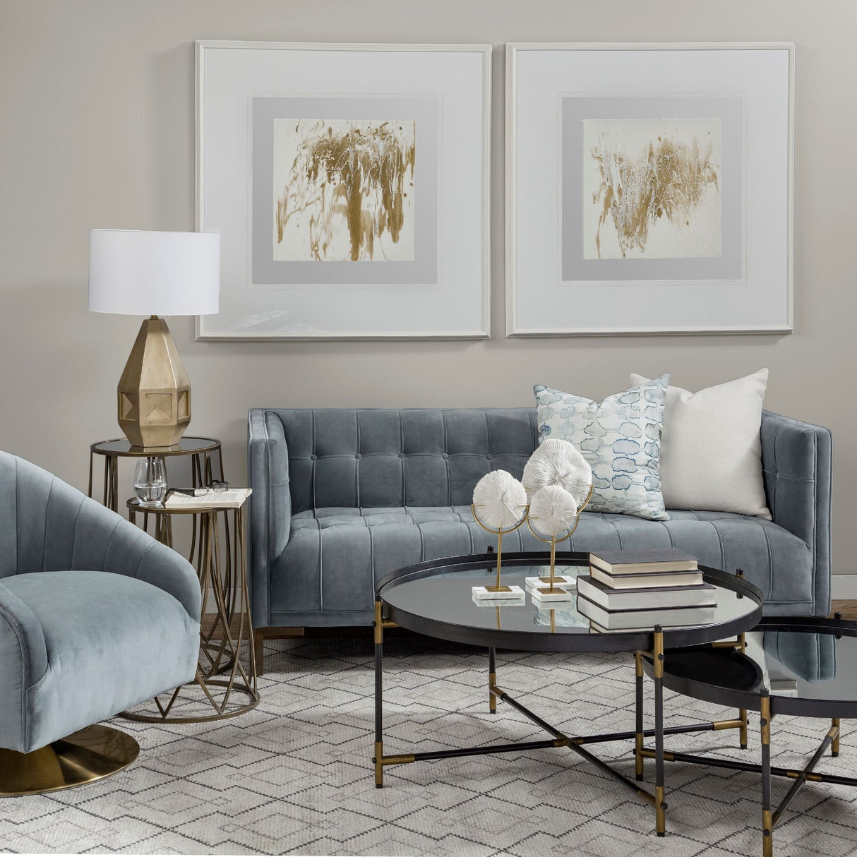 James II Gray Blue Velvet Covered Seat w Gold Swivel Base Accent Chair by Mercana at Eve Furniture