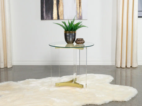 Janessa Clear and Matte Brass Round Glass Top End Table With Acrylic Legs by Coaster at Eve Furniture