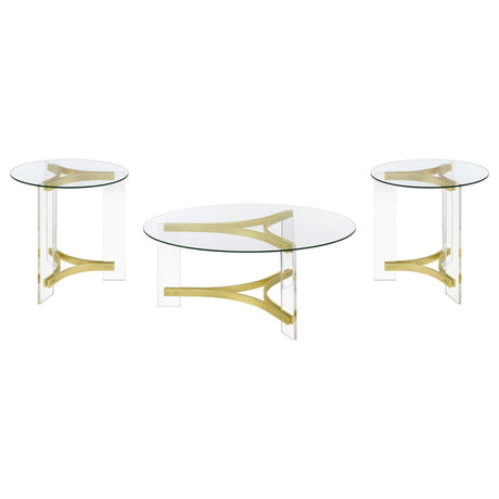 Janessa Matte Brass 3-Piece Acrylic Coffee and End Table Set by Coaster at Eve Furniture