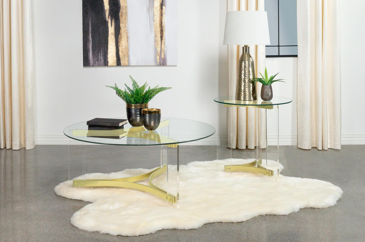 Janessa Round Glass Top Coffee Table With Acrylic Legs Clear and Matte Brass