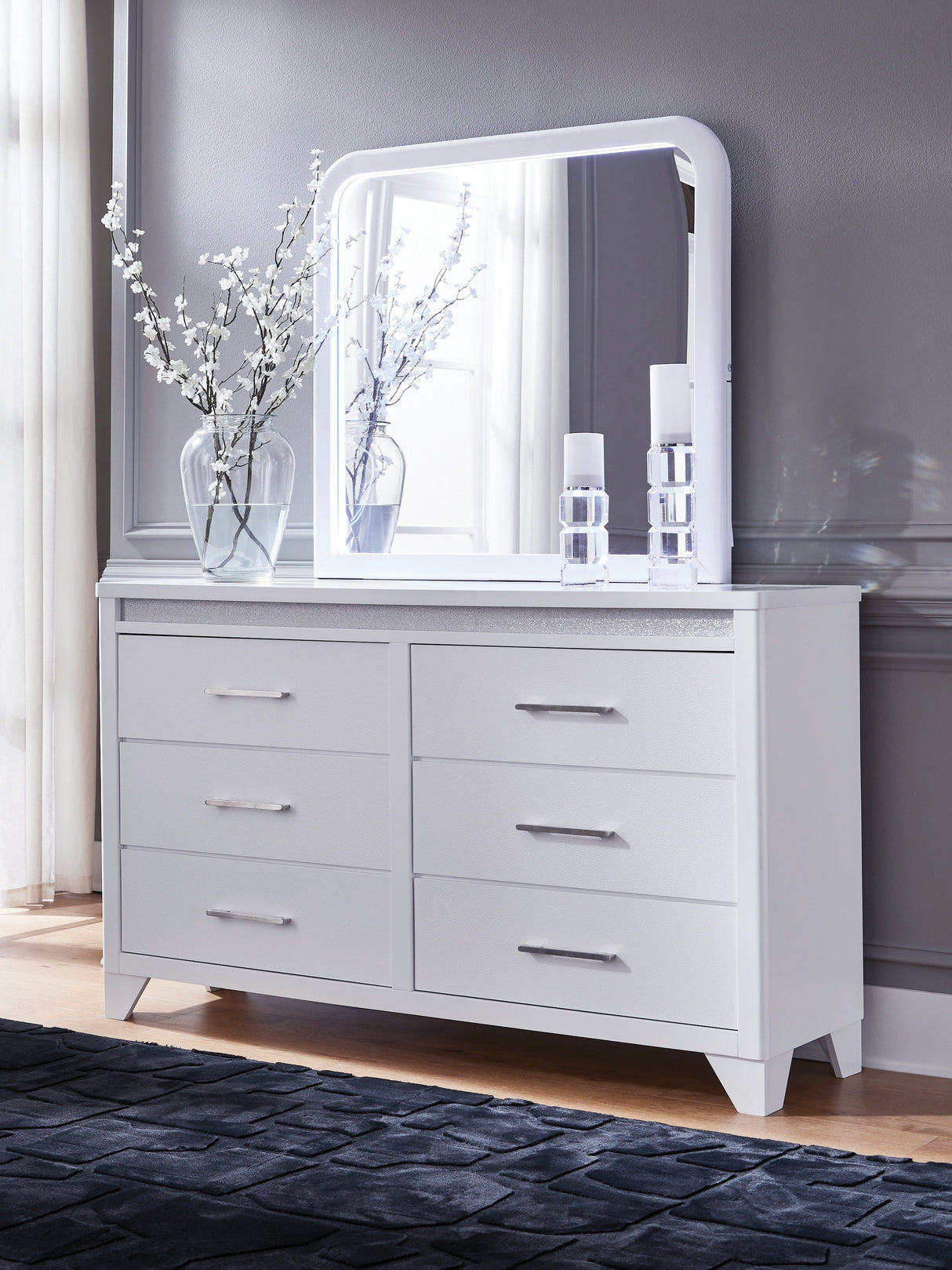 Jarlee White King Panel Bedroom Set with Dresser, Mirror and Nightstand