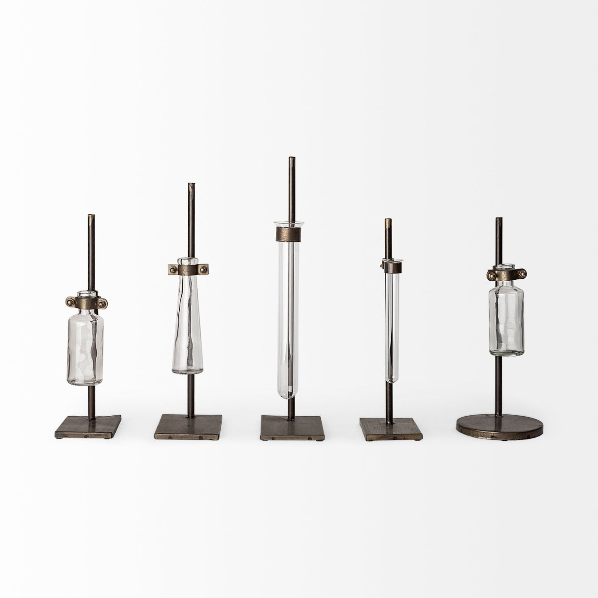 Jarvis Set of Five Dark Brown Metal and Glass Chemistry Inspired Bottles by Mercana at Eve Furniture
