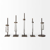 Jarvis Set of Five Dark Brown Metal and Glass Chemistry Inspired Bottles by Mercana at Eve Furniture