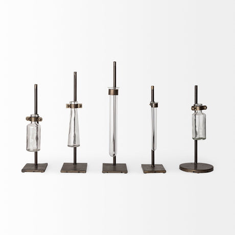 Jarvis Set of Five Dark Brown Metal and Glass Chemistry Inspired Bottles by Mercana at Eve Furniture