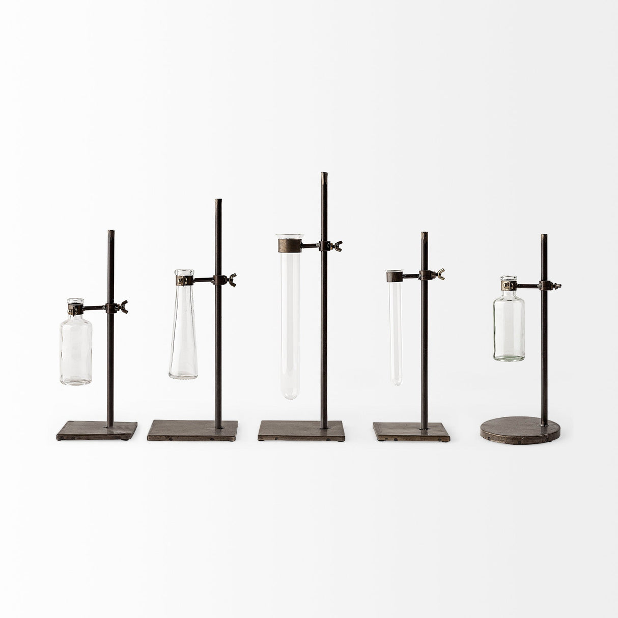 Jarvis Set of Five Dark Brown Metal and Glass Chemistry Inspired Bottles by Mercana at Eve Furniture