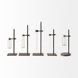 Jarvis Set of Five Dark Brown Metal and Glass Chemistry Inspired Bottles by Mercana at Eve Furniture
