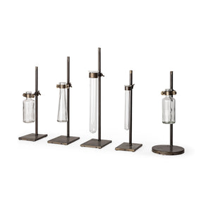 Jarvis Set of Five Dark Brown Metal and Glass Chemistry Inspired Bottles by Mercana at Eve Furniture