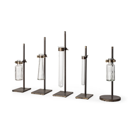 Jarvis Set of Five Dark Brown Metal and Glass Chemistry Inspired Bottles by Mercana at Eve Furniture