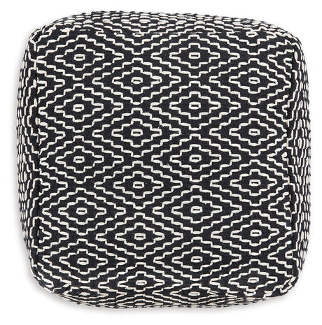 Jasett Black/Ivory Pouf by Ashley at Eve Furniture
