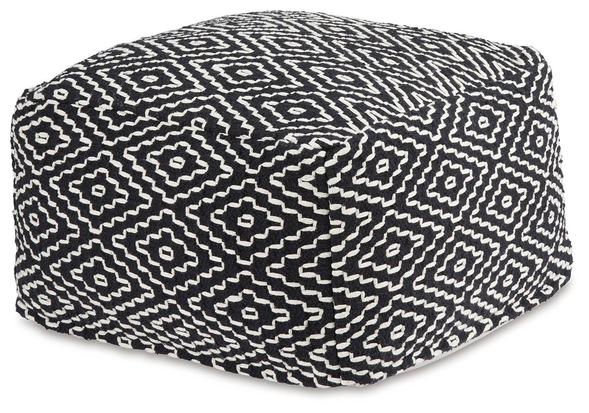 Jasett Black/Ivory Pouf by Ashley at Eve Furniture