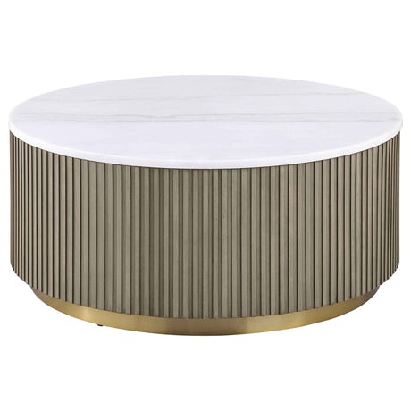 Jason Greige Round White Marble Top Coffee Table by Coaster at Eve Furniture
