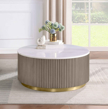 Jason Greige Round White Marble Top Coffee Table by Coaster at Eve Furniture