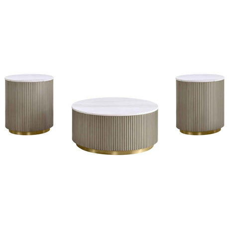 Jason Greige/White Marble 3-piece Round White Marble Coffee Table Set by Coaster at Eve Furniture
