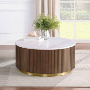 Jason Honey Brown Round White Marble Top Coffee Table by Coaster at Eve Furniture