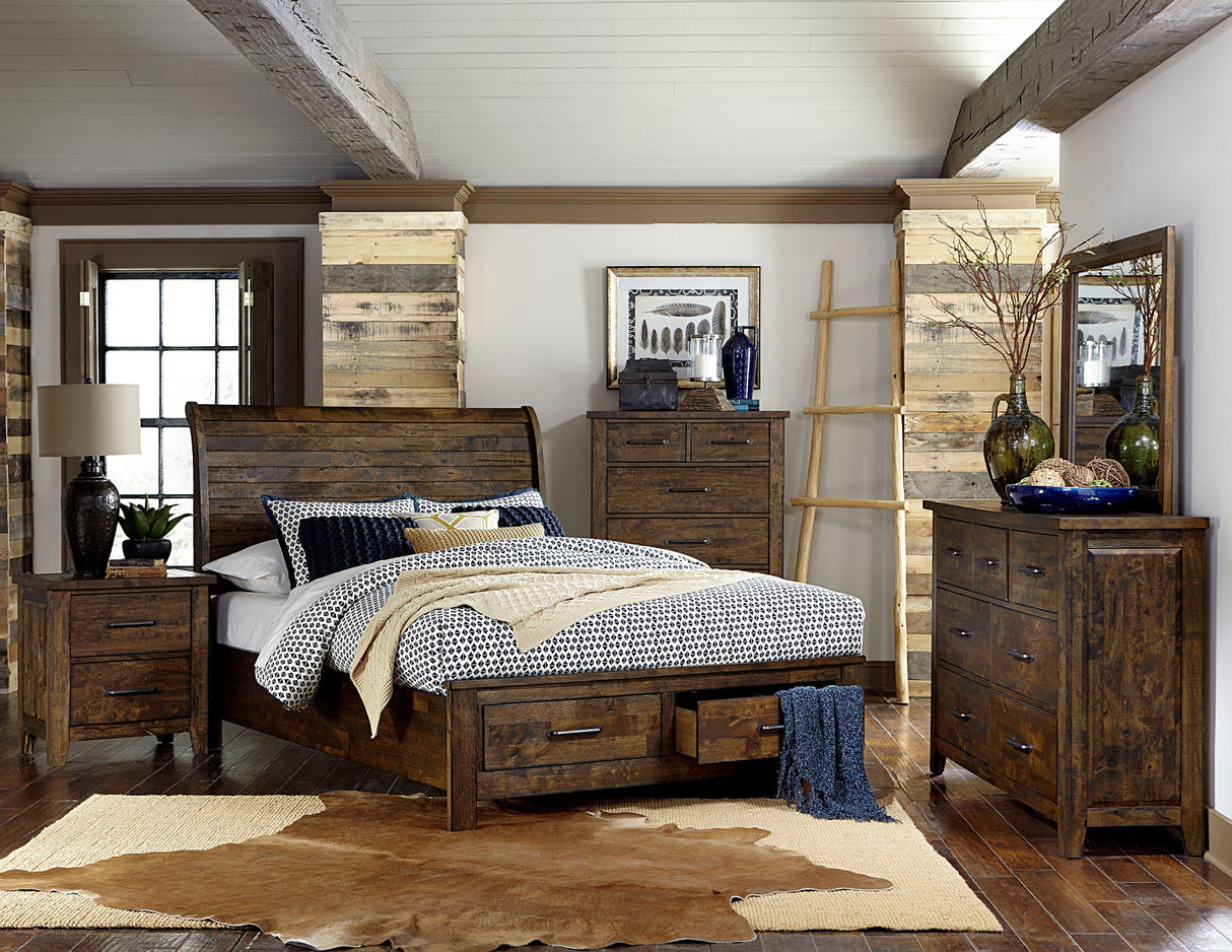 Jerrick Burnished Brown California King Sleigh Platform Bed with Footboard Storage by Homelegance at Eve Furniture