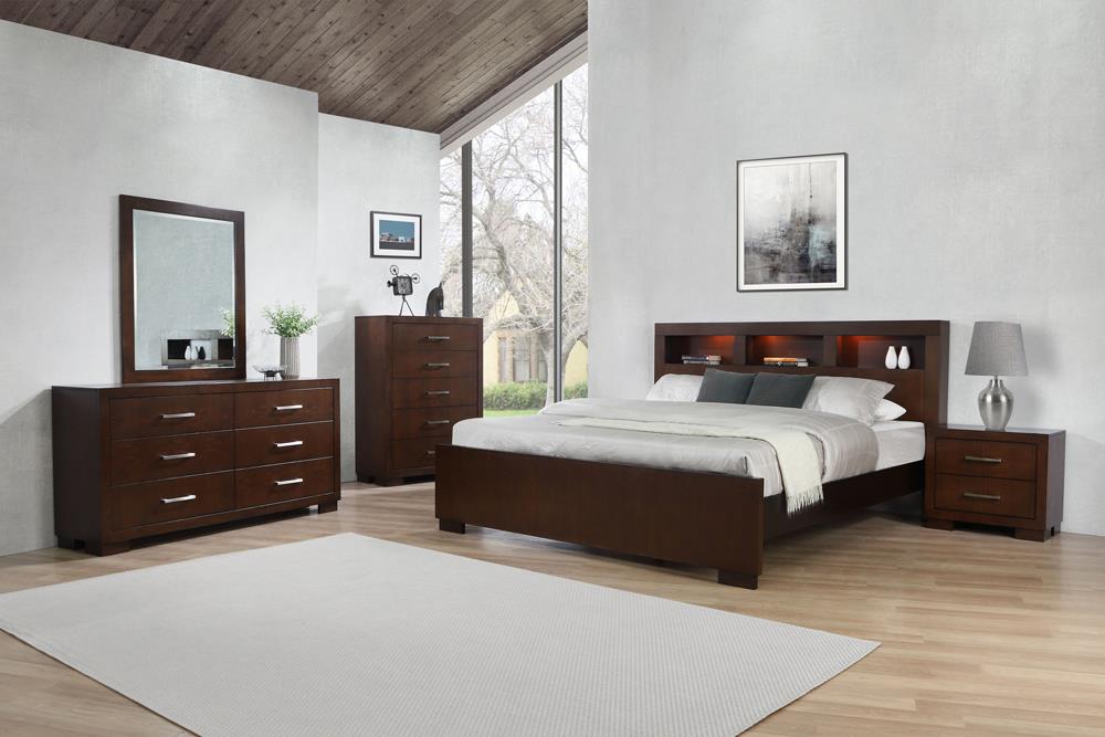 Jessica Cappuccino 5-Piece Eastern King Bedroom Set with Bookcase Headboard