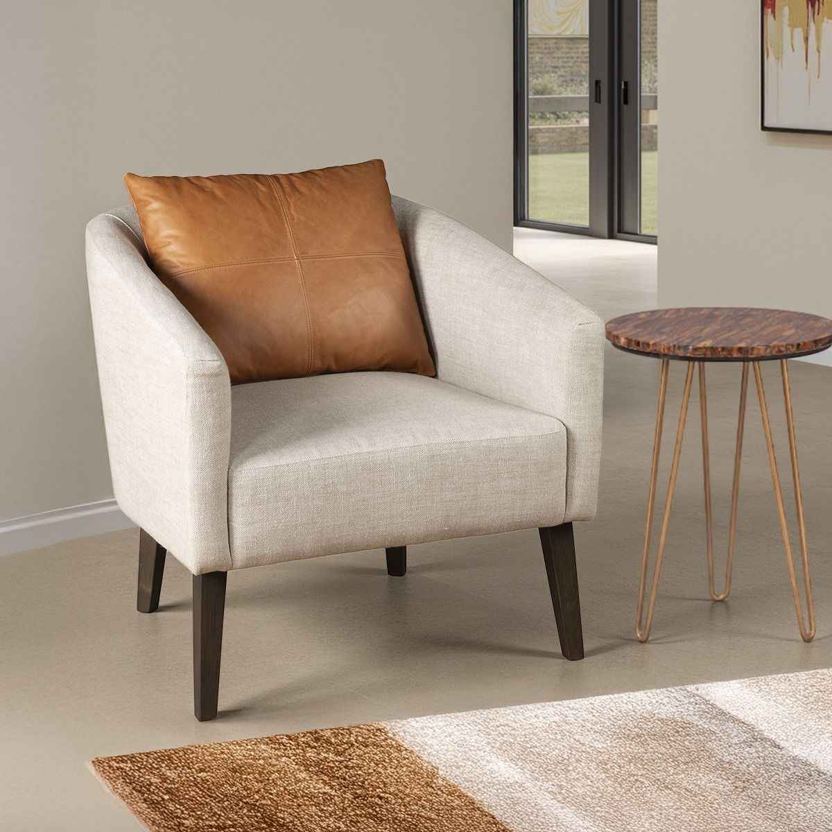 Jessie 22" Accent Chair in Beige Linen with Tan Leather Accent Pillow by Home Trends & Design at Eve Furniture