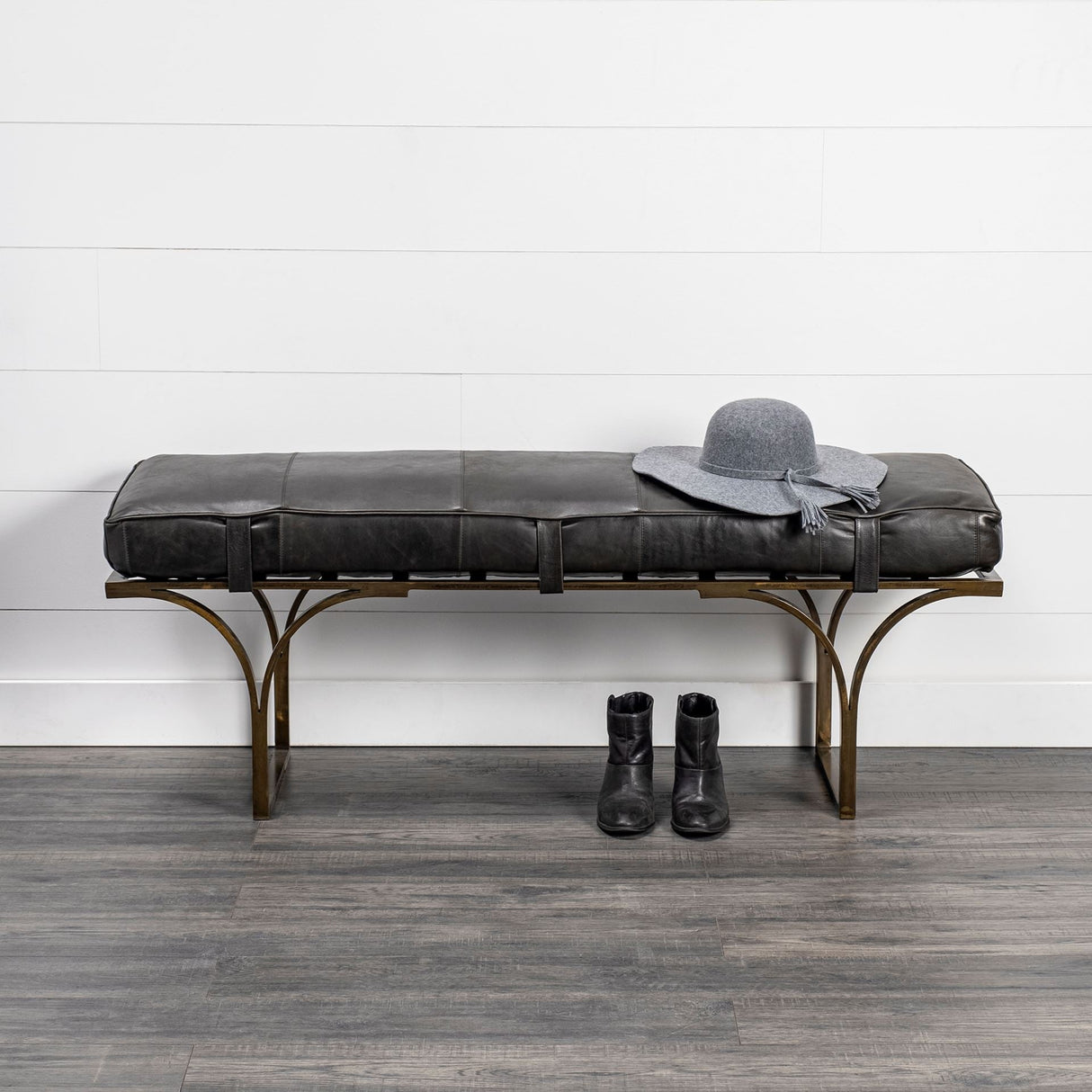 Jessie 55L x 16W Black Leather Seat W/Gold Metal Base Accent Bench by Mercana at Eve Furniture