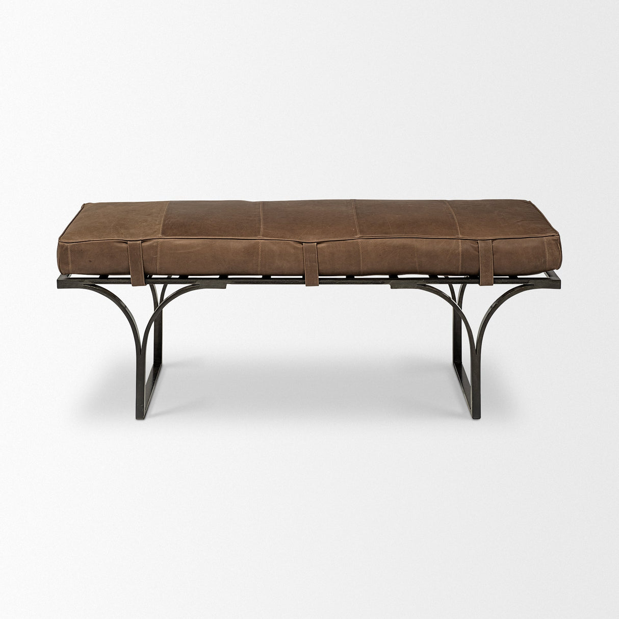 Jessie 55L x 16W Brown Leather Seat W/Black Metal Base Accent Bench by Mercana at Eve Furniture