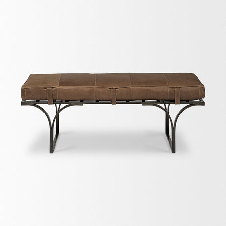 Jessie Brown Leather Seat W/Black Metal Base Accent Bench by Mercana at Eve Furniture