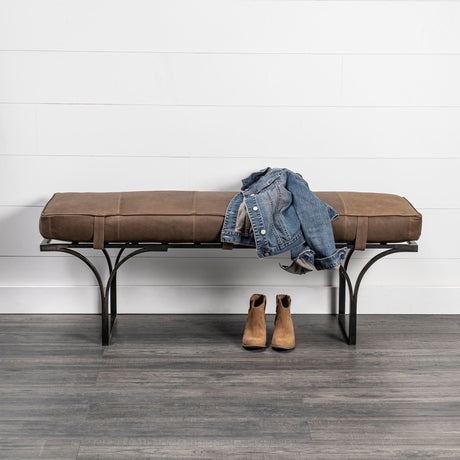 Jessie Brown Leather Seat W/Black Metal Base Accent Bench by Mercana at Eve Furniture