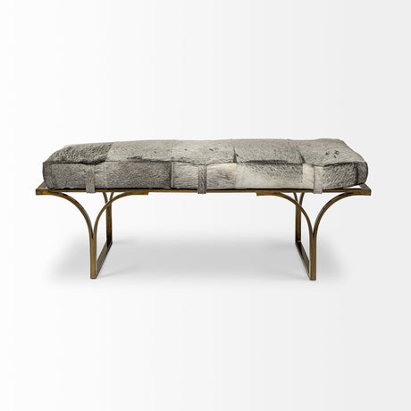 Jessie White/Gray Hair-On-Hide Seat W/Gold Metal Base Accent Bench by Mercana at Eve Furniture