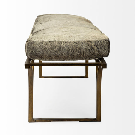 Jessie White/Gray Hair-On-Hide Seat W/Gold Metal Base Accent Bench by Mercana at Eve Furniture