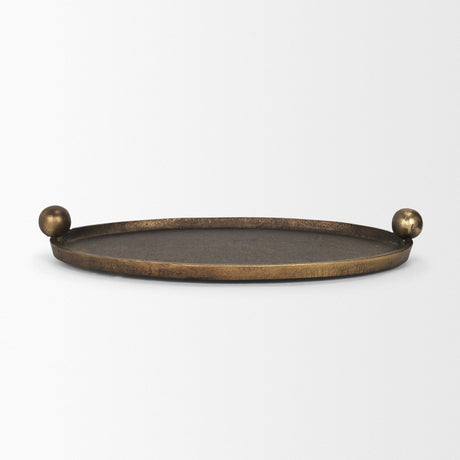 Jianna Large Oval Textured Antiqued Gold Metal Tray with Handles by Mercana at Eve Furniture