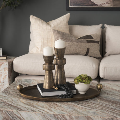 Jianna Small Oval Textured Antiqued Gold Metal Tray with Handles by Mercana at Eve Furniture