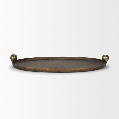 Jianna Small Oval Textured Antiqued Gold Metal Tray with Handles by Mercana at Eve Furniture