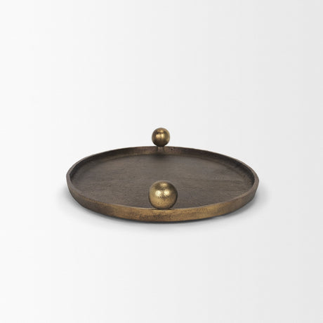Jianna Small Oval Textured Antiqued Gold Metal Tray with Handles by Mercana at Eve Furniture
