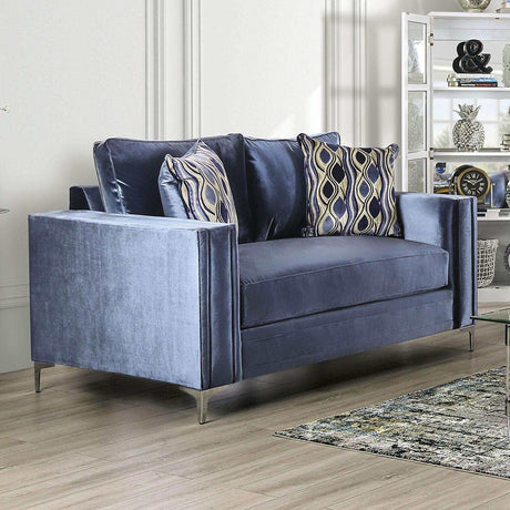 Jodie Satin Blue & Silver Stationary Sofa & Loveseat by Furniture of America at Eve Furniture