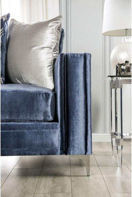 Jodie Satin Blue & Silver Stationary Sofa & Loveseat by Furniture of America at Eve Furniture
