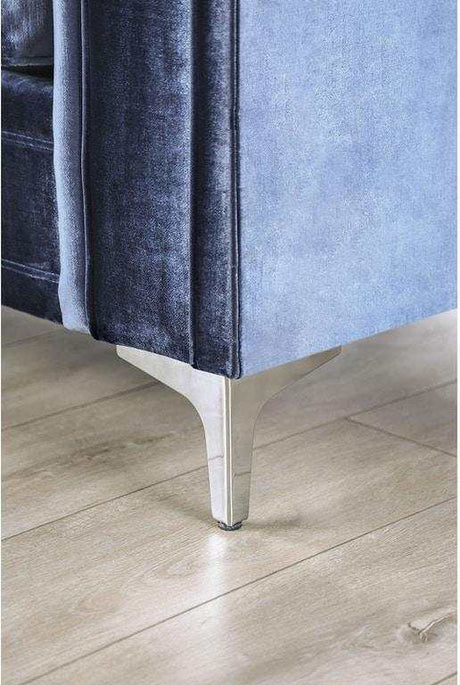 Jodie Satin Blue & Silver Stationary Sofa & Loveseat by Furniture of America at Eve Furniture