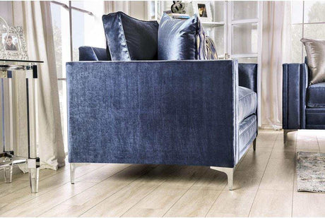 Jodie Satin Blue & Silver Stationary Sofa & Loveseat by Furniture of America at Eve Furniture