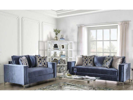 Jodie Satin Blue & Silver Stationary Sofa & Loveseat by Furniture of America at Eve Furniture