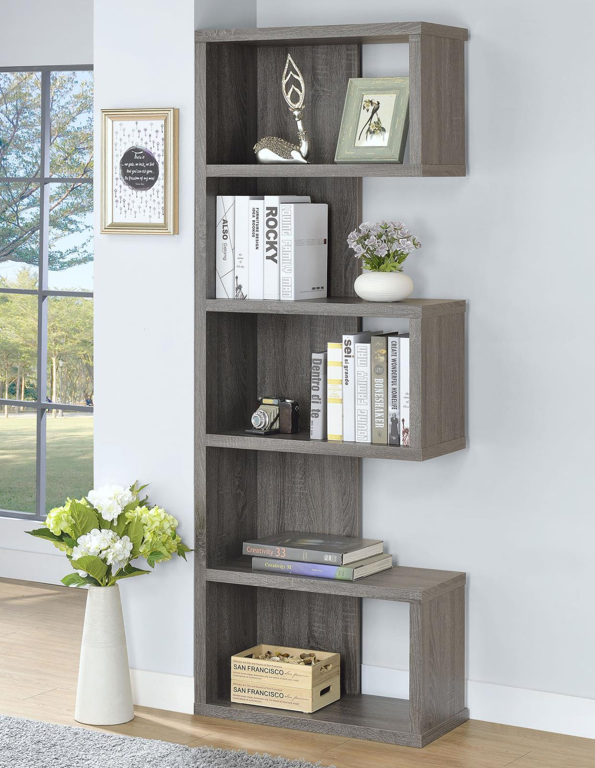 Joey Weathered Gray 5-Tier Bookcase