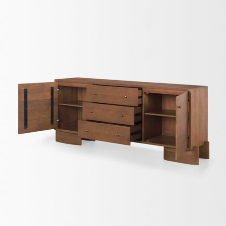 Jonan Medium Brown Wood w/ Dark Aged Brass 2 Door 3 Drawer Sideboard by Mercana at Eve Furniture