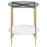 Jonelle Gold Round Glass Top End Table White Marble Shelf by Coaster at Eve Furniture